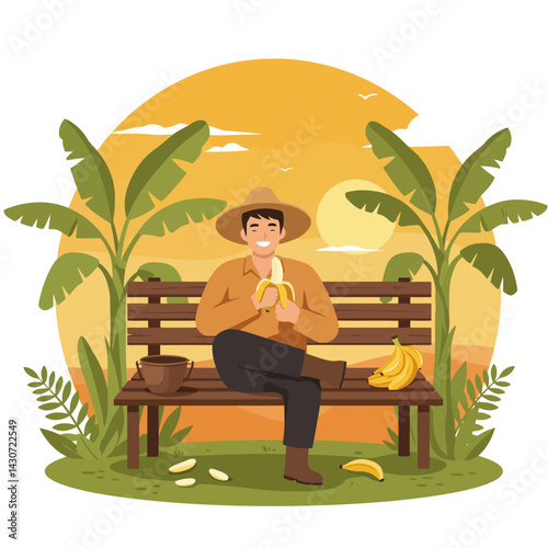 Man Enjoying Banana on Bench in Tropical Landscape Illustration