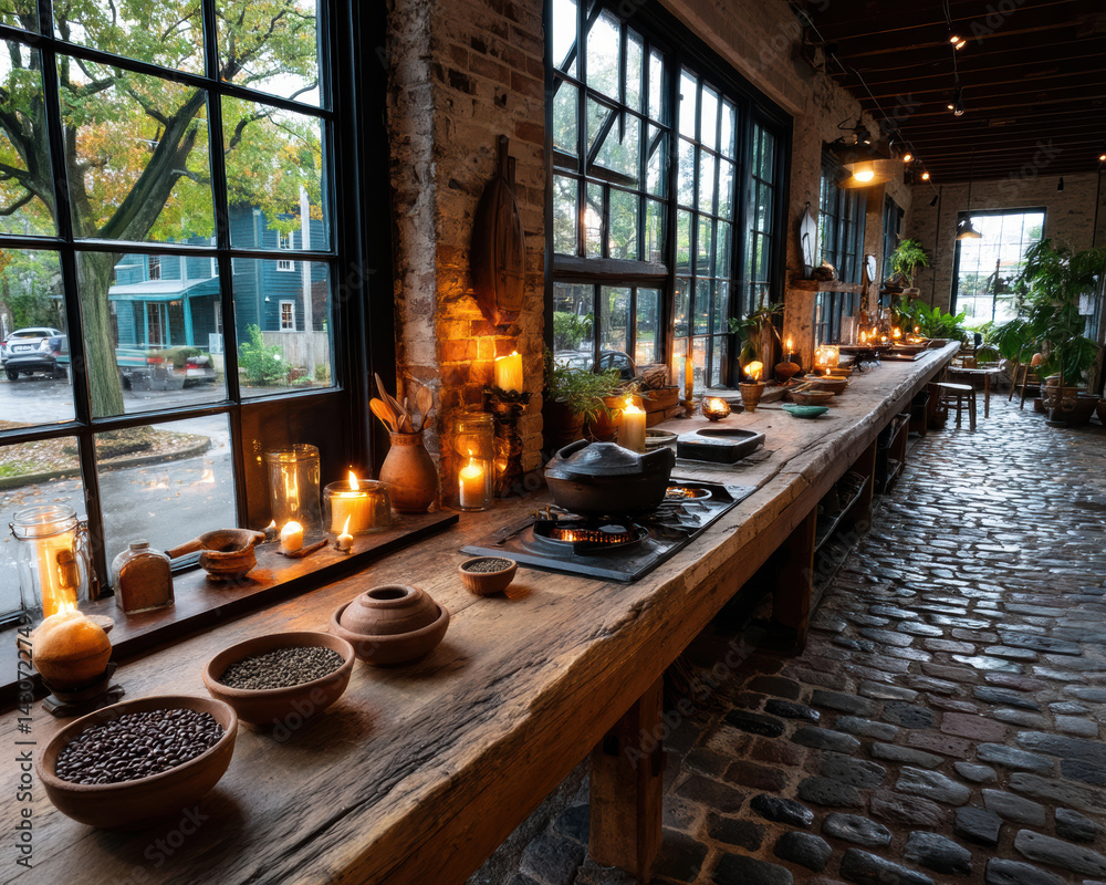Perspective view of long bench of clay roasters and candles Perspective view of long bench of clay roasters and candles
