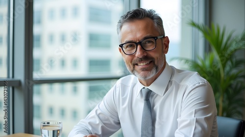 Professional portrait of a middle-aged man with glasses in an office setting. Suitable for business, corporate, and professional use.