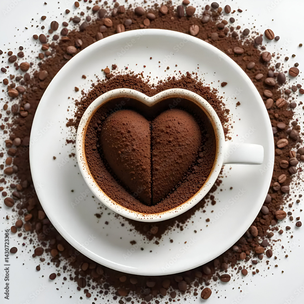 Fototapeta premium Heart-Shaped Cocoa Powder Art in Coffee Cup – Romantic Coffee Concept with Beans and Powder on White Background
