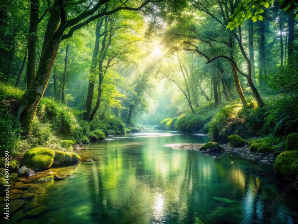 Fototapeta premium Enchanted Forest River: Double Exposure Photography, Tranquil Nature Scene, Lush Greenery, Magical Woods, Mystical River