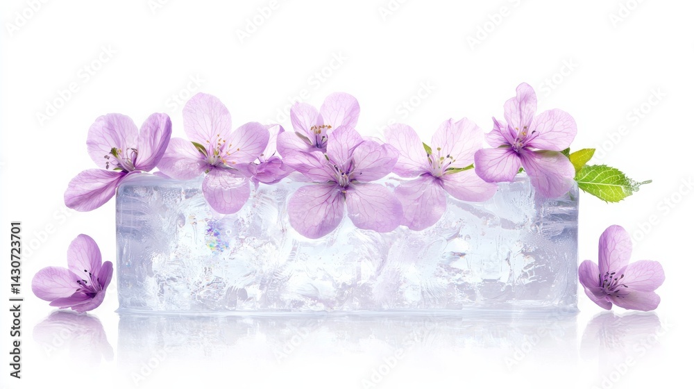 Intricate Flower Arrangement of Light Purple Blossoms on a Transparent Ice Block Intricate Flower Arrangement of Light Purple Blossoms on a Transparent Ice Block
