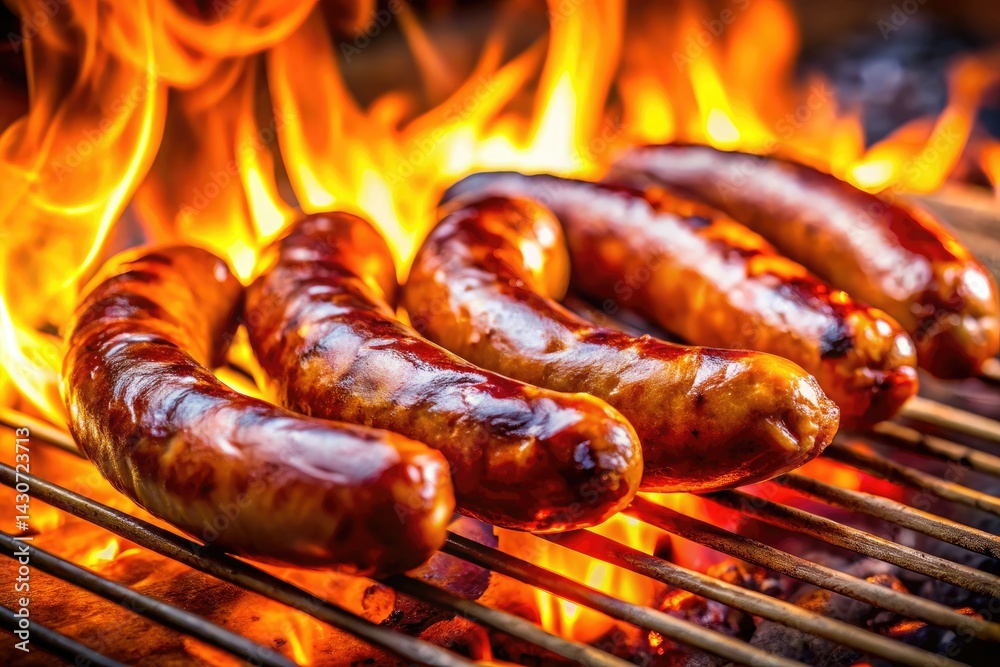 Fototapeta premium Flaming BBQ Brats: Close-Up Grill Photography, Delicious Sausage, Open Flame Cooking