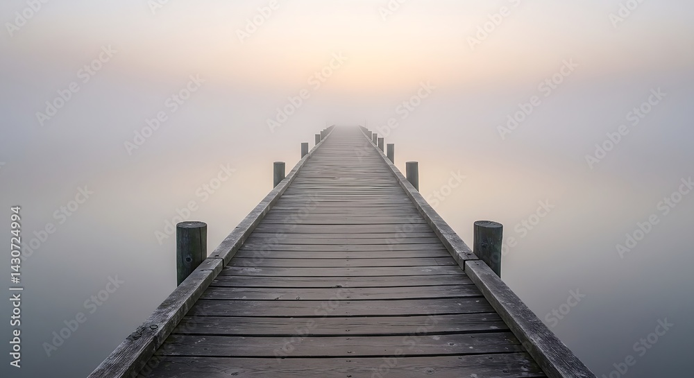 Fototapeta premium Wooden Dock Extending into a Foggy Lake – Tranquil Nature Scene