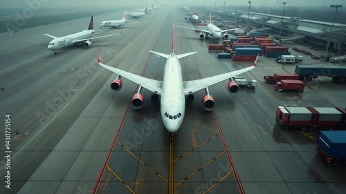 Aerial view of an airport with cargo planes and shipping containers, symbolizing global trade logistics
