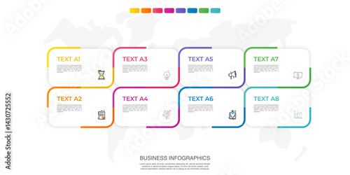 Modern vector infographic template with rectangles, elements in minimalist design. Use for presentations, business processes, interface, data visualization, marketing strategies with eight steps.