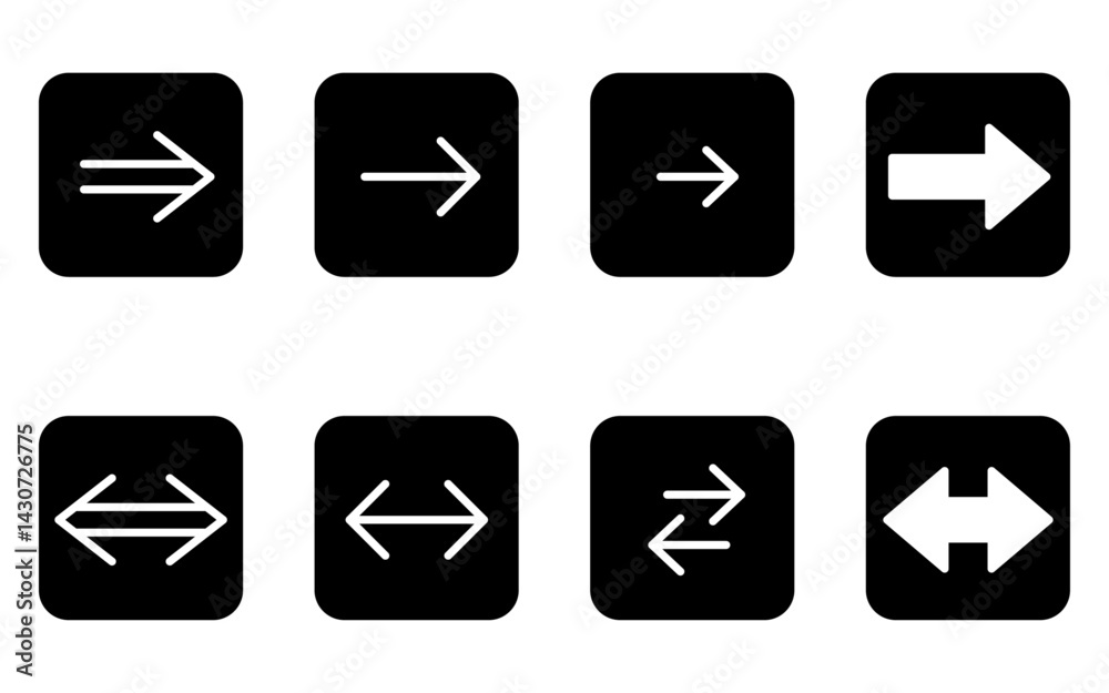 Set of cute and simple arrow icons in black and white, forward and backward (square button type) Set of cute and simple arrow icons in black and white, forward and backward (square button type)