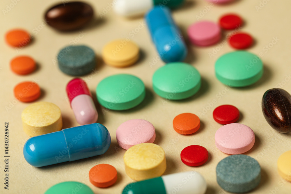 Different colorful pills on beige background Different colorful pills on beige background
