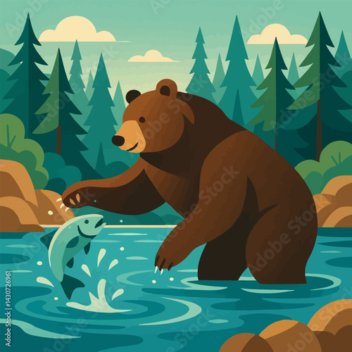 Bear Fishing for Salmon in River Surrounded by Forest Scene