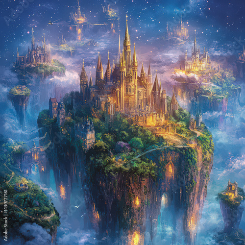 Fantasy Castle on Floating Island with Dragons and Star Constellations