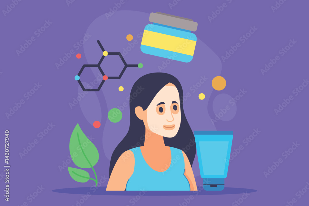 Woman with relaxed expression applying beauty mask on her face among skincare products and botanical features