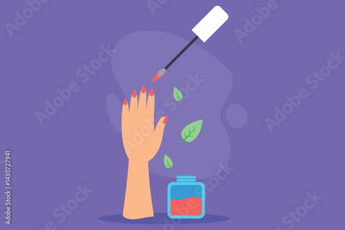 Obraz na płótnie Hand with neatly manicured nails applying bright polish, small jar and leaves nearby. Beauty and self-care concept w salonie