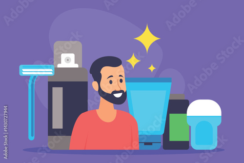 Smiling man at variety of grooming products, including shaving tools and skincare items, set against purple background. Importance of daily grooming routines concept