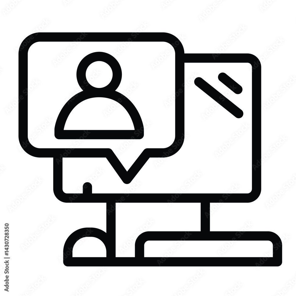 Computer with user message line icon, remote work concept. Vector graphics. Monitor, display and popup window sign on white background, style mobile or design. Computer with user message line icon, remote work concept. Vector graphics. Monitor, display and popup window sign on white background, style mobile or design.