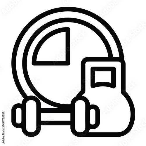 Dumbbell pair and clock line icon, remote work concept. Vector graphics. Sport club timer sign on white background, style mobile or design.
