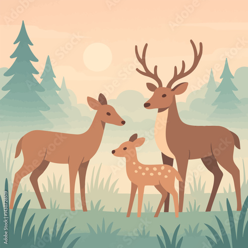 Deer Family Standing in Forest Illustration with Peaceful Sunset Scene
