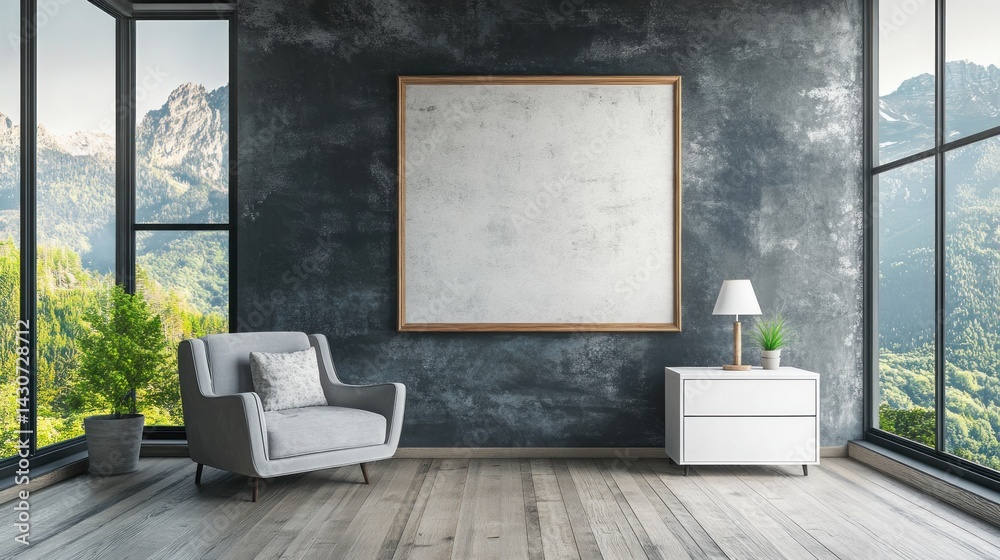Fototapeta premium Modern minimalist living room interior showcasing mountain views.