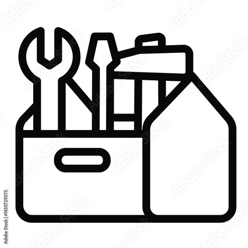 Toolbox with hammer, screwdriver and wrench line icon, repair service concept. Vector graphics. Repair tools box sign on white background, style mobile or design.