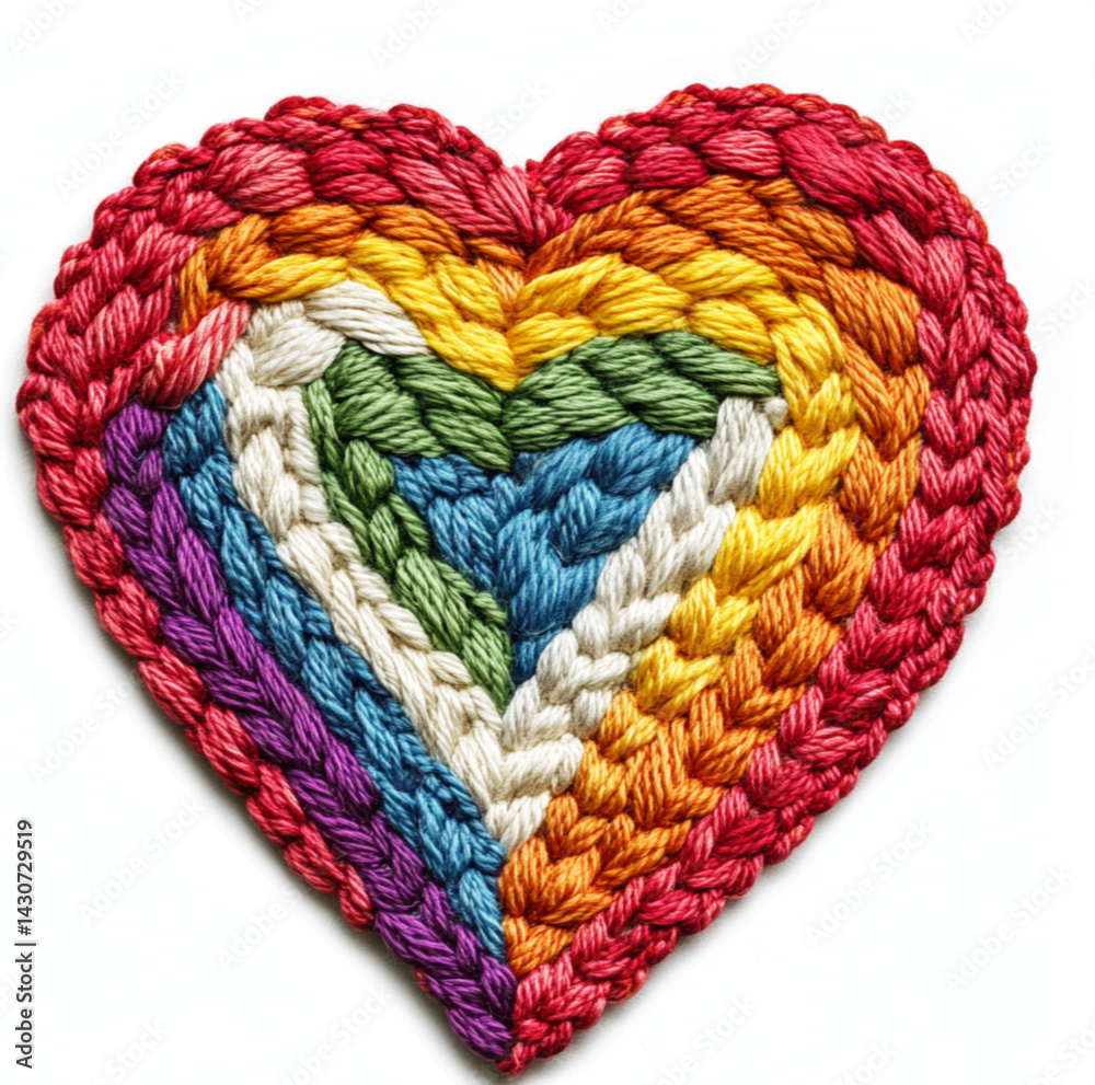 a heart-shaped knitted piece with vibrant rainbow colors, set against an isolated white background, the beauty of handcrafted knitting in vivid hues that form intricate pattern