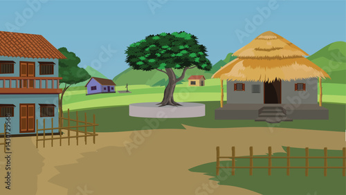 Rural village scenery with huts, cottages surrounded by fences, and a big tree in the middle of the village.Indian village landscape vector illustration
