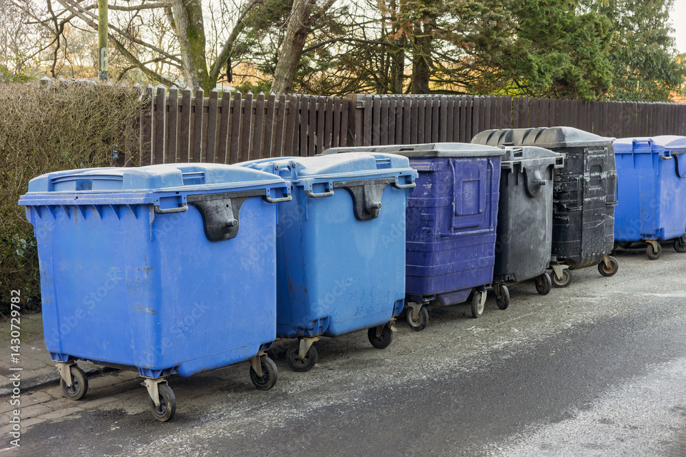 Row of Commercial Blue Plastic Recycling Wheelie Bins on Street on a Frosty Morning Row of Commercial Blue Plastic Recycling Wheelie Bins on Street on a Frosty Morning