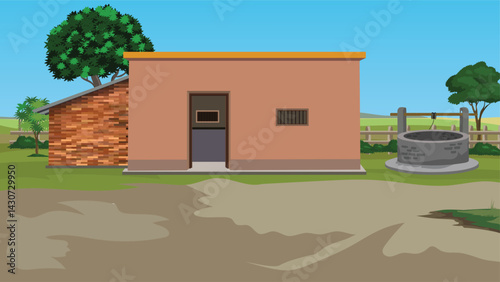 A rural village scene with a house and a well in the countryside.Indian village home landscape for cartoon animation
