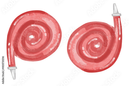 Watercolor Red fire hose illustration. Red rolled firefighter hose isolated on the white background