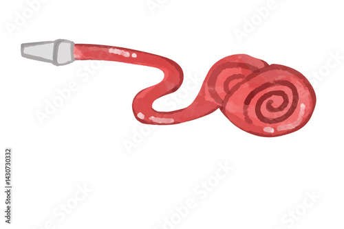 Watercolor Red fire hose illustration. Red rolled firefighter hose isolated on the white background