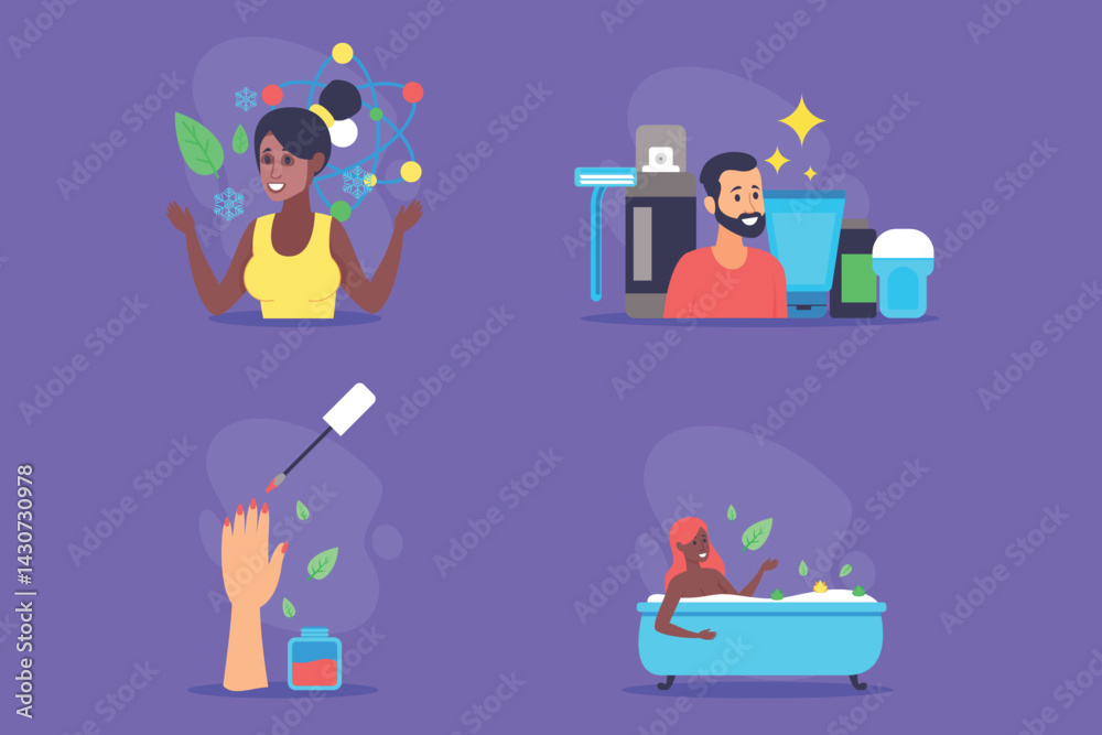 Set of various beauty practices. Woman enjoying skincare while man preparing products. Nail painting and bathing emphasizing self-care and relaxation moments