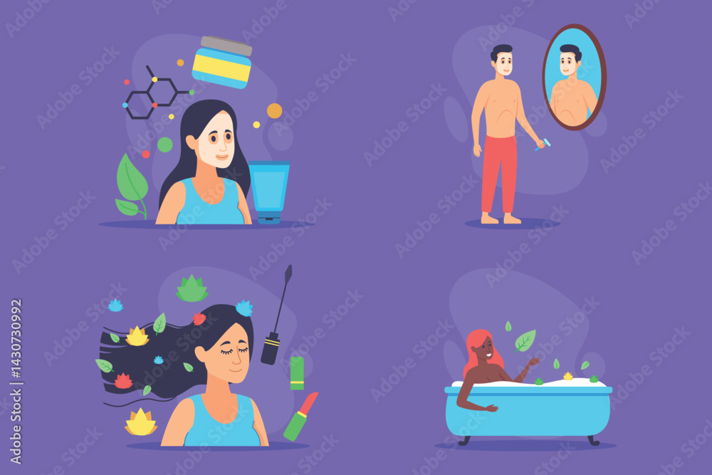Beauty set featuring skincare, hair care, and wellness activities. Self-care, relaxation and rejuvenation concept