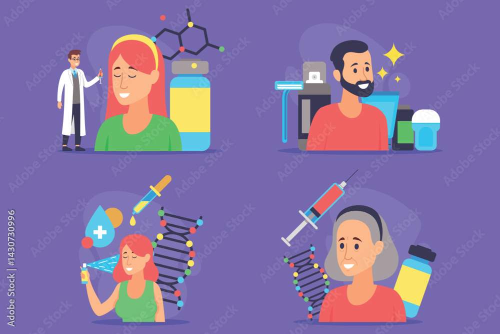Colorful illustrations of various beauty and health themes. People engaged in activities related to beauty science, showcasing products and medical concepts. Well-being concept