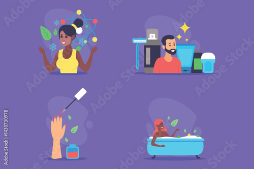 Obraz na płótnie Set of various beauty practices. Woman enjoying skincare while man preparing products. Nail painting and bathing emphasizing self-care and relaxation moments w salonie