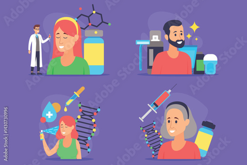 Obraz na płótnie Colorful illustrations of various beauty and health themes. People engaged in activities related to beauty science, showcasing products and medical concepts. Well-being concept w salonie