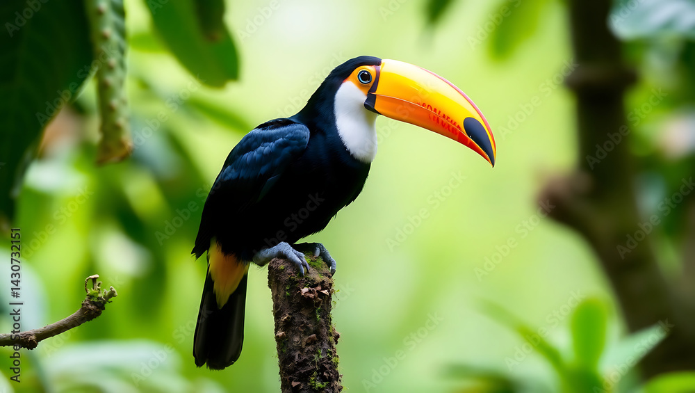 Fototapeta premium A striking tropical Toucan with its large colorful orange and black beak perched on a branch in the rainforest. 