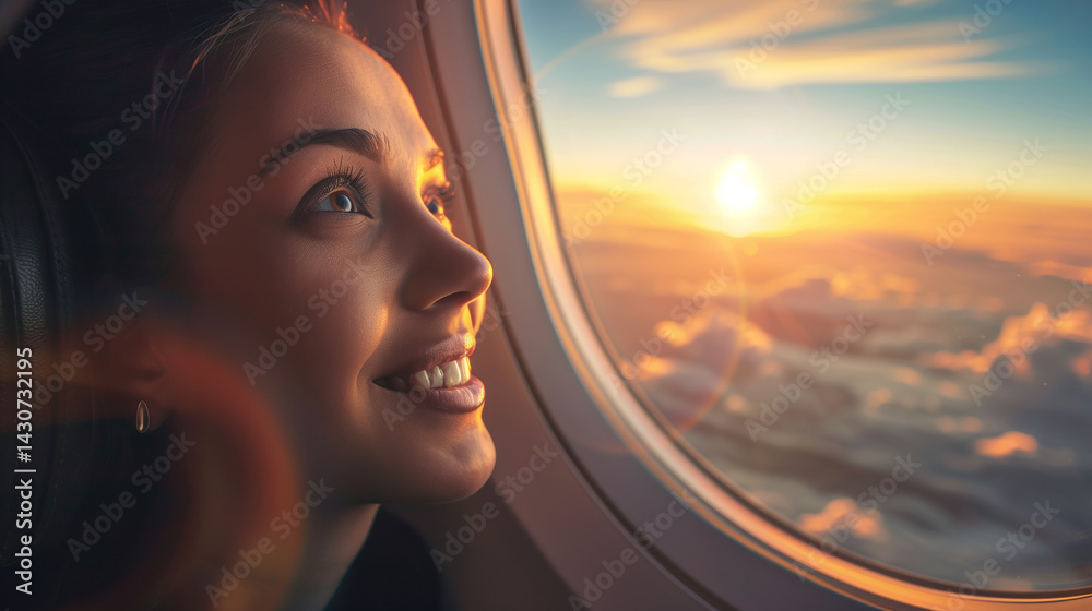 Fototapeta premium Happy woman looks out aircraft window dreaming during flight