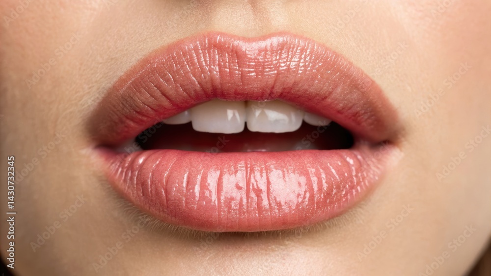Close-up of glossy lips showcasing a natural lip color with subtle shine, emphasizing smoothness and texture.