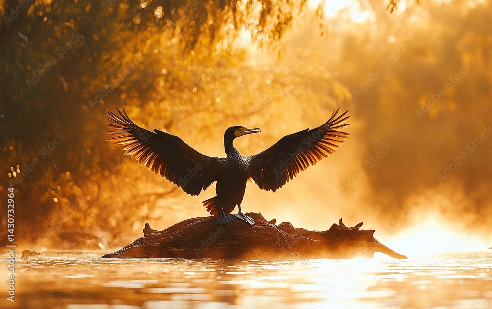 Fototapeta premium A bird with outstretched wings in the warm golden light of the sun