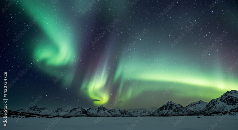 Naklejka premium Northern Lights Dancing Over Snowy Mountains. Abstract background 