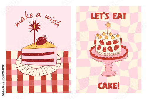 Set of hand drawn vintage birthday posters with strawberry cakes on checkered background. Whimsical dessert drawings. Coquette confectionery design. Contemporary art vector illustrations