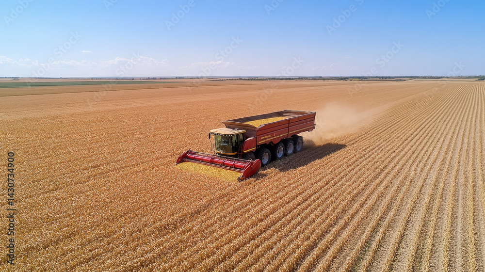 high angle view of large combine harvester working golden wheat field, showcasing agricultural high angle view of large combine harvester working golden wheat field, showcasing agricultural