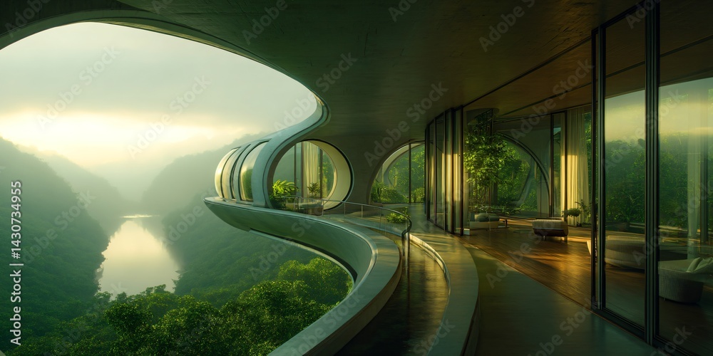 futuristic luxury building, sunset over the rainforest river, modern organic green eco architecture concept, exotic fantasy landscape