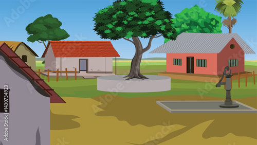 Village scene with houses, a big tree, and a hand pump. Indian village background vector illustration