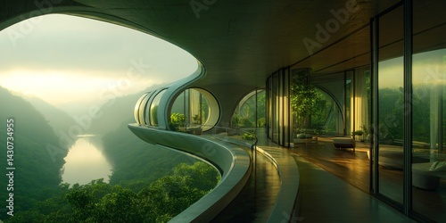 Obraz na płótnie futuristic luxury building, sunset over the rainforest river, modern organic green eco architecture concept, exotic fantasy landscape w salonie