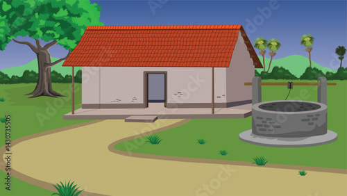 A simple rural home with a well on a sunny day.Indian rural house vector illustration.