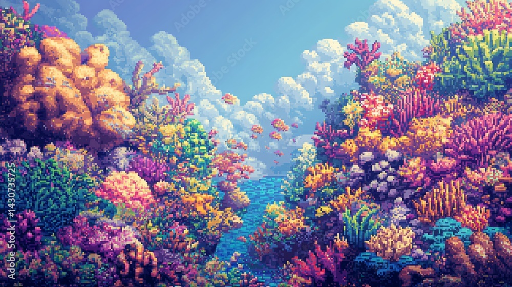 Naklejka premium Pixelated coral reef image with vibrant colors and cloudy sky