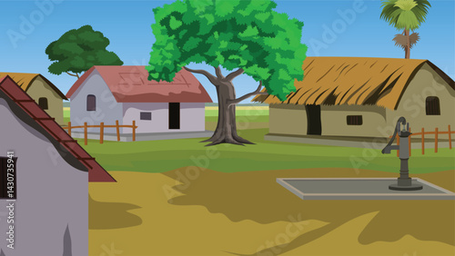Village scene with huts, trees, fences, and a hand pump in the middle of the village..Countryside village landscape