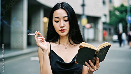 Young Woman in Stylish Black Clothing Reading and Smoking