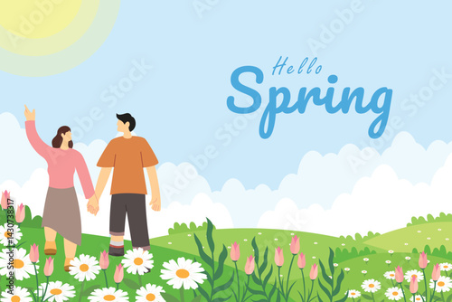 Spring stroll couple enjoying sunny day in daisyfilled meadow arm in arm