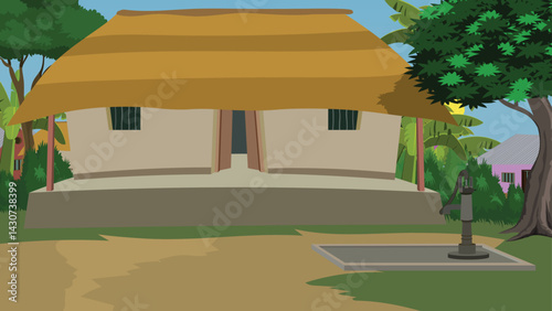 A rural house with a tubewell in front of it. The house has a thatched roof. Indian house vector illustration 