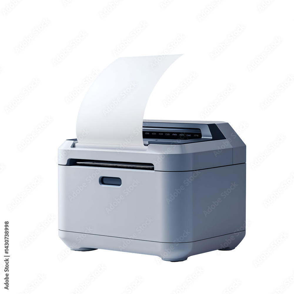 Compact office printer with open paper tray and digital display, light gray desktop printing device in minimalist style, isolated on transparent background Compact office printer with open paper tray and digital display, light gray desktop printing device in minimalist style, isolated on transparent background